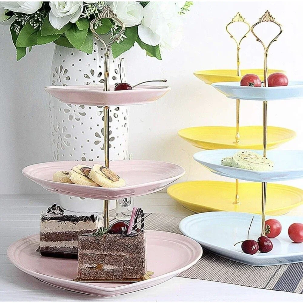 3 Tier Ceramic Heart Stand Wedding, Dessert Cupcake Stand for Tea Party Pink